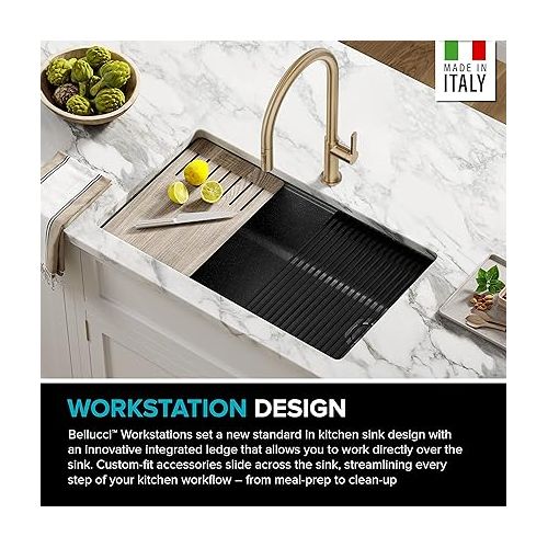  KRAUS Bellucci Workstation 32 inch Undermount Granite Composite Single Bowl Kitchen Sink in Metallic Black with Accessories, KGUW2-33MBL