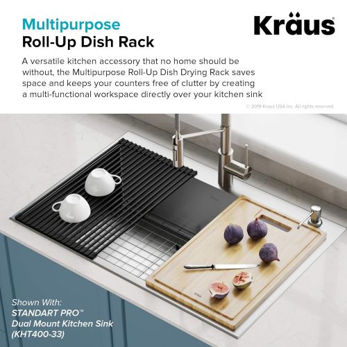  Kraus KRM-10BLACK Silicone-coated stainless steel Over the Over the Sink Multipurpose Roll-Up Dish Drying Rack, Black