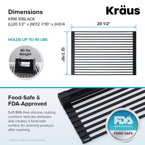  Kraus KRM-10BLACK Silicone-coated stainless steel Over the Over the Sink Multipurpose Roll-Up Dish Drying Rack, Black