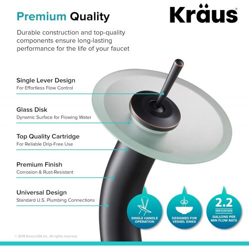  Kraus KGW-1700ORB-FR Single Lever Vessel Glass Waterfall Bathroom Faucet Oil Rubbed Bronze with Frosted Glass Disk