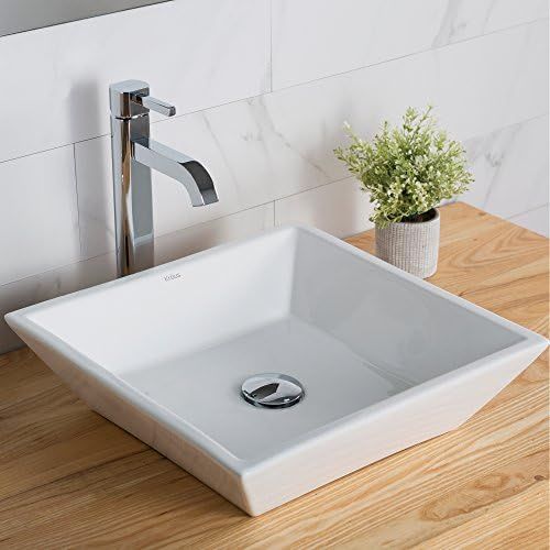  Kraus C-KCV-125-1002CH White Square Ceramic Sink and Sheven Faucet Chrome