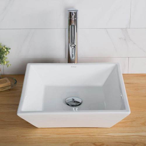  Kraus C-KCV-125-1002CH White Square Ceramic Sink and Sheven Faucet Chrome