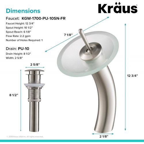  Kraus KGW-1700-PU-10SN-FR Single Lever Vessel Glass Waterfall Bathroom Faucet Satin Nickel with Frosted Glass Disk and Matching Pop Up Drain