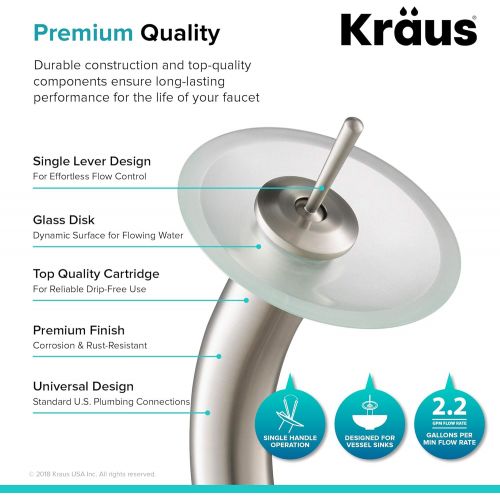  Kraus KGW-1700-PU-10SN-FR Single Lever Vessel Glass Waterfall Bathroom Faucet Satin Nickel with Frosted Glass Disk and Matching Pop Up Drain