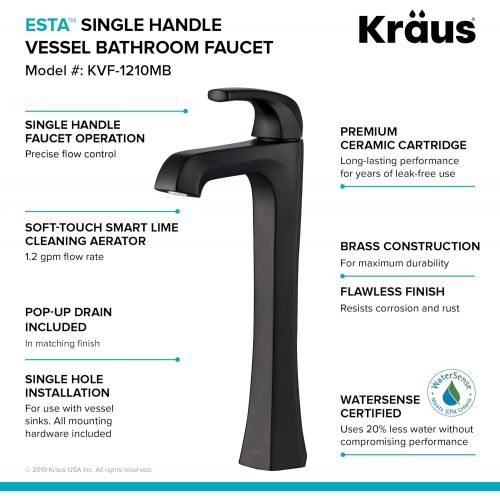  Kraus KVF-1210MB-2PK Esta Vessel Bathroom Faucet with Pop-Up Drain, Matte Black