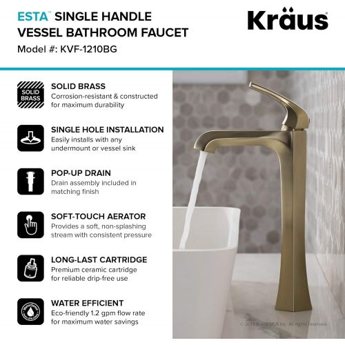  Kraus KVF-1210BG-2PK Esta Vessel Bathroom Faucet with Pop-Up Drain, Brushed Gold