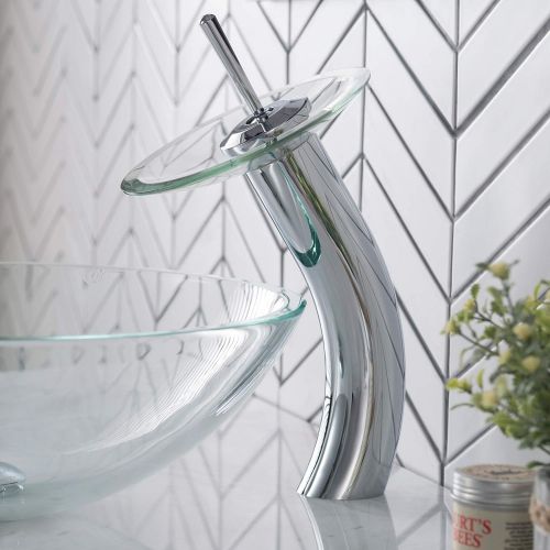  Kraus KGW-1700-PU-10CH-CL Single Lever Vessel Glass Waterfall Bathroom Faucet Chrome with Clear Glass Disk and Matching Pop Up Drain