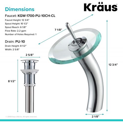  Kraus KGW-1700-PU-10CH-CL Single Lever Vessel Glass Waterfall Bathroom Faucet Chrome with Clear Glass Disk and Matching Pop Up Drain