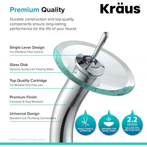  Kraus KGW-1700-PU-10CH-CL Single Lever Vessel Glass Waterfall Bathroom Faucet Chrome with Clear Glass Disk and Matching Pop Up Drain