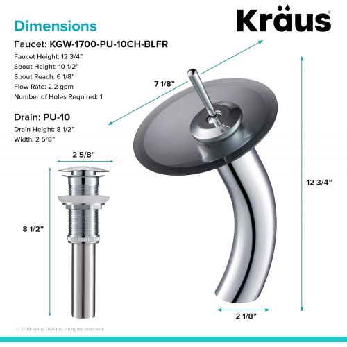  Kraus KGW-1700-PU-10CH-BLFR Single Lever Vessel Glass Waterfall Bathroom Faucet Chrome with Black Frosted Glass Disk and Matching Pop Up Drain