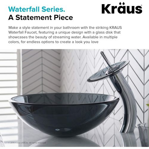  Kraus KGW-1700-PU-10CH-BLFR Single Lever Vessel Glass Waterfall Bathroom Faucet Chrome with Black Frosted Glass Disk and Matching Pop Up Drain