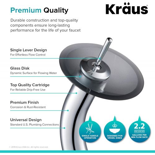  Kraus KGW-1700-PU-10CH-BLFR Single Lever Vessel Glass Waterfall Bathroom Faucet Chrome with Black Frosted Glass Disk and Matching Pop Up Drain