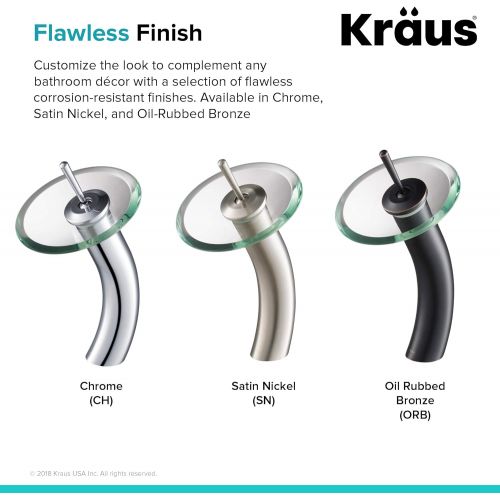 Kraus KGW-1700-PU-10SN-BLCL Single Lever Vessel Glass Waterfall Bathroom Faucet Satin Nickel with Black Clear Glass Disk and Matching Pop Up Drain