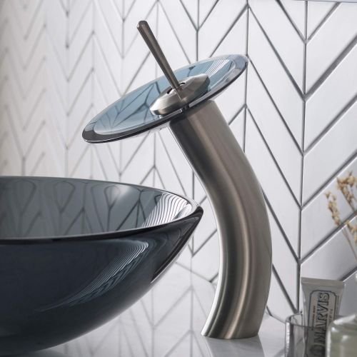  Kraus KGW-1700-PU-10SN-BLCL Single Lever Vessel Glass Waterfall Bathroom Faucet Satin Nickel with Black Clear Glass Disk and Matching Pop Up Drain