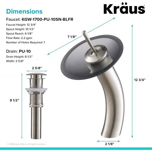  Kraus KGW-1700-PU-10SN-BLFR Single Lever Vessel Glass Waterfall Bathroom Faucet Satin Nickel with Black Frosted Glass Disk and Matching Pop Up Drain
