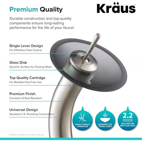  Kraus KGW-1700-PU-10SN-BLFR Single Lever Vessel Glass Waterfall Bathroom Faucet Satin Nickel with Black Frosted Glass Disk and Matching Pop Up Drain