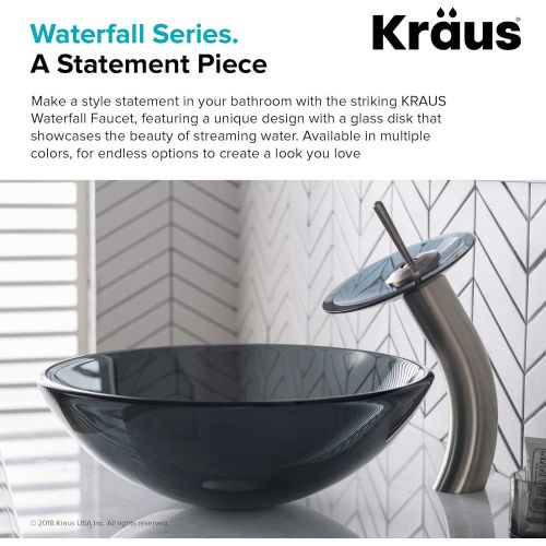  Kraus KGW-1700-PU-10SN-BLFR Single Lever Vessel Glass Waterfall Bathroom Faucet Satin Nickel with Black Frosted Glass Disk and Matching Pop Up Drain