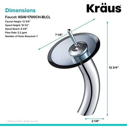  Kraus KGW-1700CH-BLCL Single Lever Vessel Glass Waterfall Bathroom Faucet Chrome with Black Clear Glass Disk