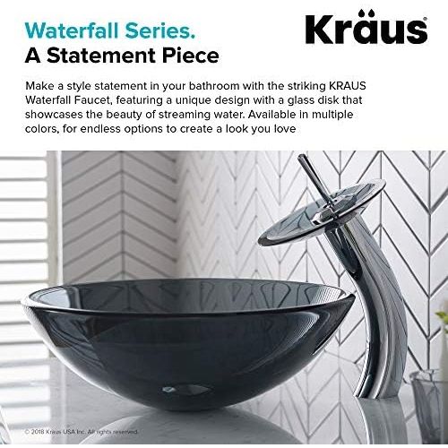  Kraus KGW-1700CH-BLCL Single Lever Vessel Glass Waterfall Bathroom Faucet Chrome with Black Clear Glass Disk