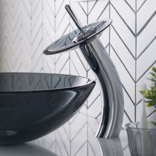 Kraus KGW-1700CH-BLCL Single Lever Vessel Glass Waterfall Bathroom Faucet Chrome with Black Clear Glass Disk