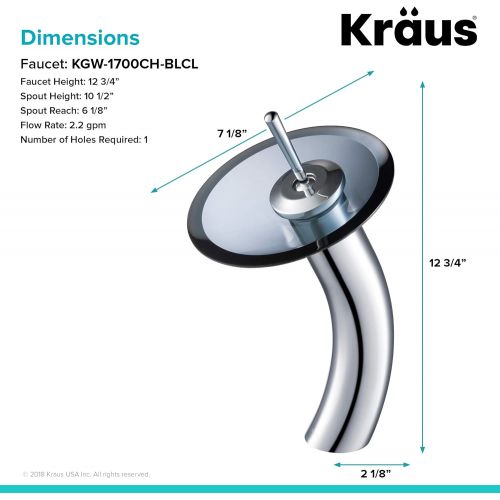  Kraus KGW-1700CH-BLCL Single Lever Vessel Glass Waterfall Bathroom Faucet Chrome with Black Clear Glass Disk