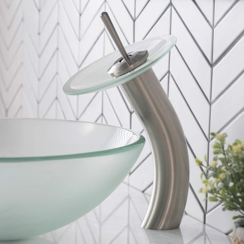  Kraus KGW-1700SN-FR Single Lever Vessel Glass Waterfall Bathroom Faucet Satin Nickel with Frosted Glass Disk