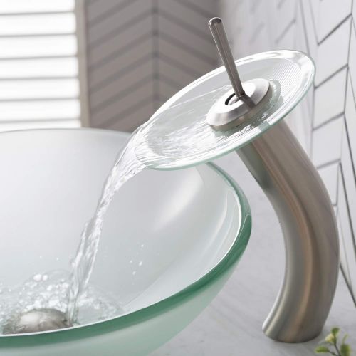  Kraus KGW-1700SN-FR Single Lever Vessel Glass Waterfall Bathroom Faucet Satin Nickel with Frosted Glass Disk