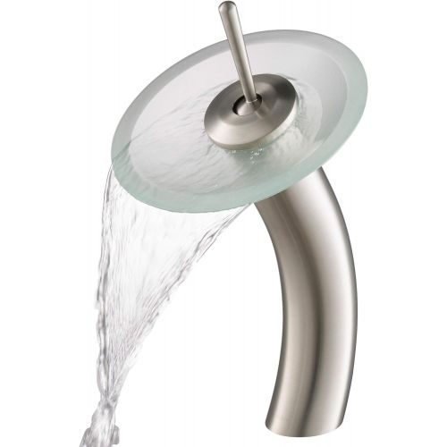  Kraus KGW-1700SN-FR Single Lever Vessel Glass Waterfall Bathroom Faucet Satin Nickel with Frosted Glass Disk