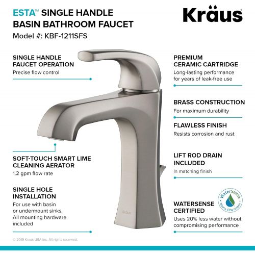  Kraus KBF-1211SFS Esta Single Handle Basin Bathroom Faucet with Lift Rod Drain, Spot Free Stainless Steel