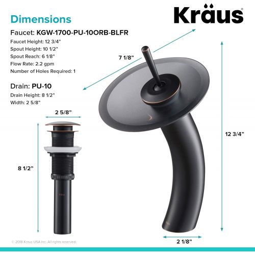  Kraus KGW-1700-PU-10ORB-BLFR Single Lever Vessel Glass Waterfall Bathroom Faucet Oil Rubbed Bronze with Black Frosted Glass Disk and Pop Up Drain