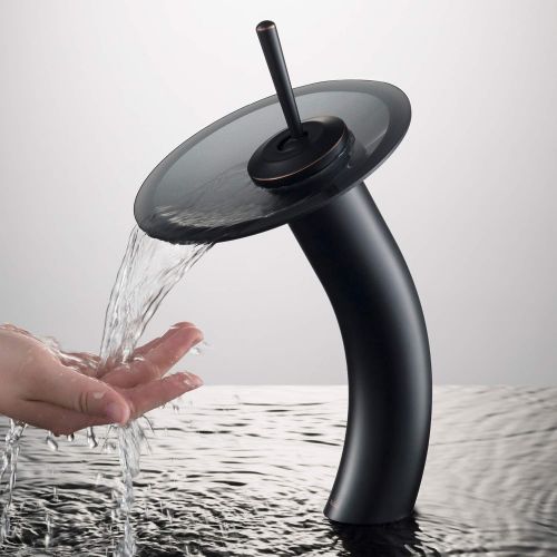  Kraus KGW-1700-PU-10ORB-BLFR Single Lever Vessel Glass Waterfall Bathroom Faucet Oil Rubbed Bronze with Black Frosted Glass Disk and Pop Up Drain