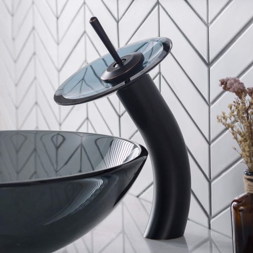  Kraus KGW-1700-PU-10ORB-BLFR Single Lever Vessel Glass Waterfall Bathroom Faucet Oil Rubbed Bronze with Black Frosted Glass Disk and Pop Up Drain