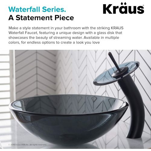  Kraus KGW-1700-PU-10ORB-BLFR Single Lever Vessel Glass Waterfall Bathroom Faucet Oil Rubbed Bronze with Black Frosted Glass Disk and Pop Up Drain