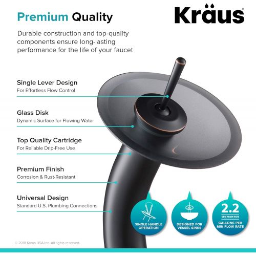  Kraus KGW-1700-PU-10ORB-BLFR Single Lever Vessel Glass Waterfall Bathroom Faucet Oil Rubbed Bronze with Black Frosted Glass Disk and Pop Up Drain