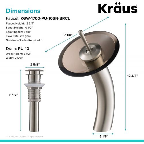  Kraus KGW-1700-PU-10SN-BRCL Single Lever Vessel Glass Waterfall Bathroom Faucet Satin Nickel with Brown Clear Glass Disk and Matching Pop Up Drain