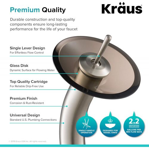  Kraus KGW-1700-PU-10SN-BRCL Single Lever Vessel Glass Waterfall Bathroom Faucet Satin Nickel with Brown Clear Glass Disk and Matching Pop Up Drain