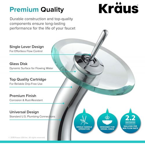  Kraus KGW-1700CH-CL Single Lever Vessel Glass Waterfall Bathroom Faucet Chrome with Clear Glass Disk