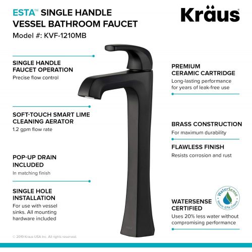  Kraus KVF-1210MB Esta Single Handle Vessel Bathroom Faucet with Pop-Up Drain, Matte Black