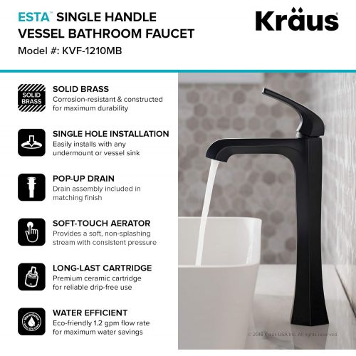  Kraus KVF-1210MB Esta Single Handle Vessel Bathroom Faucet with Pop-Up Drain, Matte Black