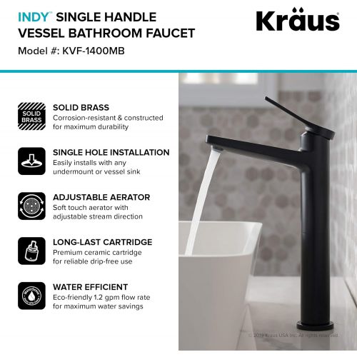  Kraus KVF-1400MB Indy Single Handle Vessel Bathroom Faucet, Matte Black