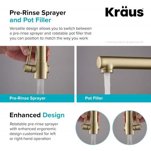  Kraus KPF-1603SBBG Artec Pro 2-Function Commercial Style Pre-Rinse Kitchen Faucet with Pull-Down Spring Spout and Pot Filler, Black Stainless Steel/Brushed Gold