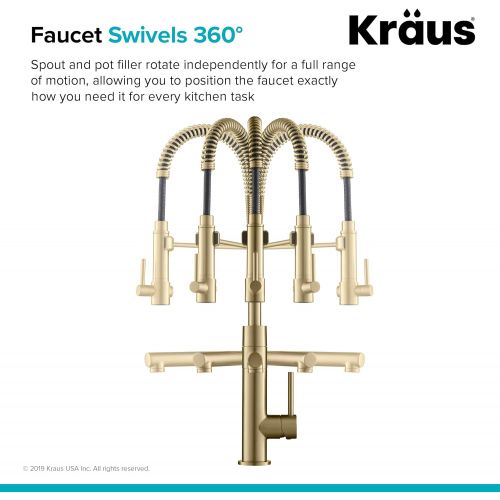  Kraus KPF-1603SBBG Artec Pro 2-Function Commercial Style Pre-Rinse Kitchen Faucet with Pull-Down Spring Spout and Pot Filler, Black Stainless Steel/Brushed Gold