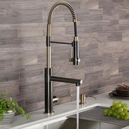  Kraus KPF-1603SBBG Artec Pro 2-Function Commercial Style Pre-Rinse Kitchen Faucet with Pull-Down Spring Spout and Pot Filler, Black Stainless Steel/Brushed Gold