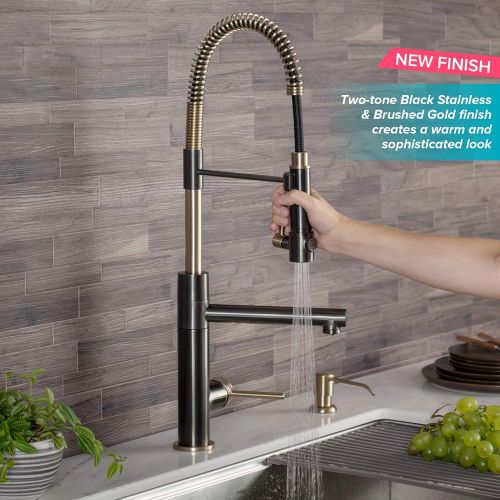  Kraus KPF-1603SBBG Artec Pro 2-Function Commercial Style Pre-Rinse Kitchen Faucet with Pull-Down Spring Spout and Pot Filler, Black Stainless Steel/Brushed Gold