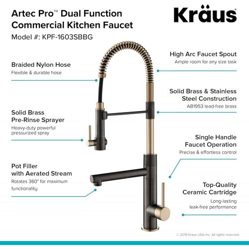  Kraus KPF-1603SBBG Artec Pro 2-Function Commercial Style Pre-Rinse Kitchen Faucet with Pull-Down Spring Spout and Pot Filler, Black Stainless Steel/Brushed Gold