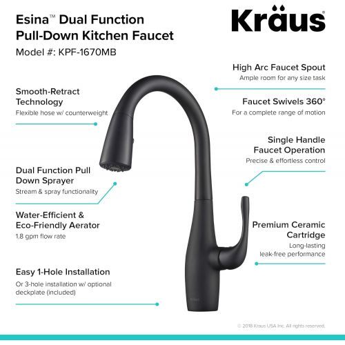  KRAUS KPF-1670MB Esina Dual Function Pull, Faucets for Kitchen Sinks, Single-Handle, Matte Black