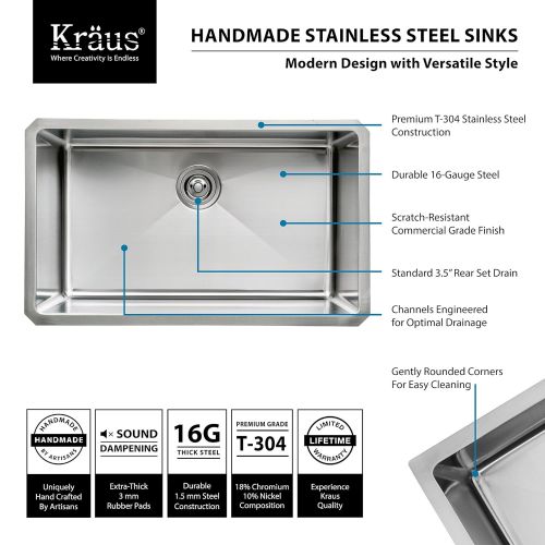  Kraus KHU100-30-KPF1612-KSD30CH 30 inch Undermount Single Bowl Stainless Steel Kitchen Sink with Chrome Kitchen Faucet and Soap Dispenser