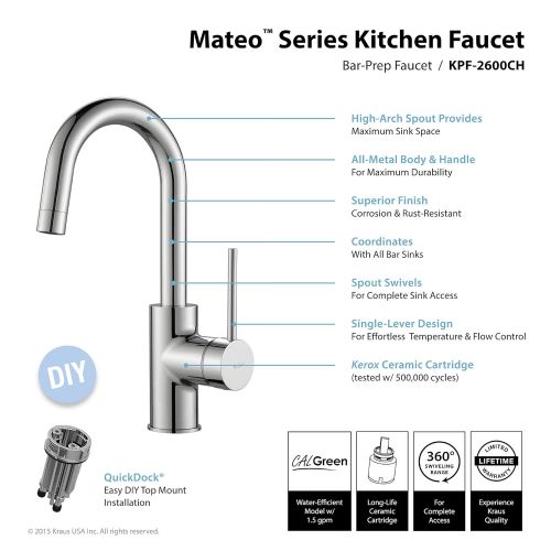  Kraus KPF-2620-2600-41CH Modern Oletto Pull Down Kitchen Faucet with Bar/Prep, SD