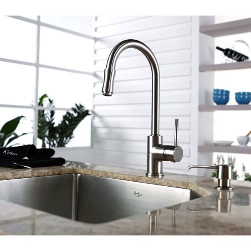  Kraus Single Lever Pull Down Kitchen Faucet and Soap Dispenser Satin Nickel