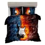 Kreative SxinHome 3D Flame Electric Guitar Pattern Bedding Set for Teen Boys Girls,Kids Duvet Cover Set,3pcs 1 Duvet Cover 2 Pillowcases(No Comforter),Queen Size